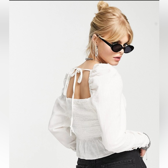 EUC Free People Chloe Puff Sleeve Blouse Long Sleeve Cropped Off-White Medium - Picture 4 of 13